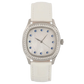 Determination Medium Quartz Watch – Steel Case with Diamond Bezel, Mother-of-Pearl Dial & White Leather Strap
