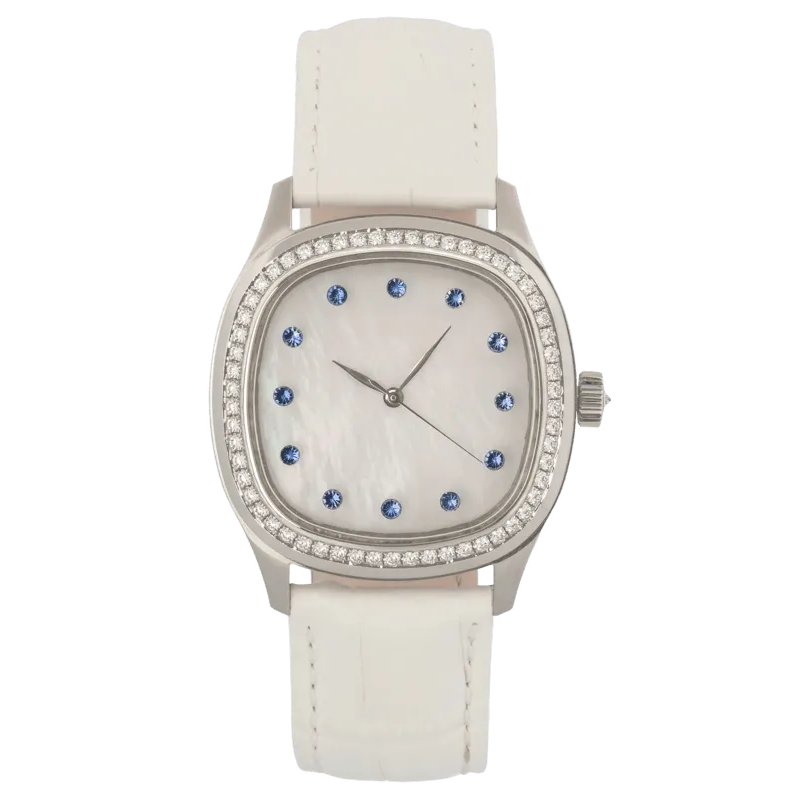 Determination Medium Quartz Watch – Steel Case with Diamond Bezel, Mother-of-Pearl Dial & White Leather Strap