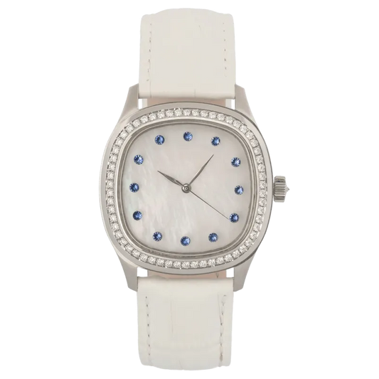 Determination Medium Quartz Watch – Steel Case with Diamond Bezel, Mother-of-Pearl Dial & White Leather Strap