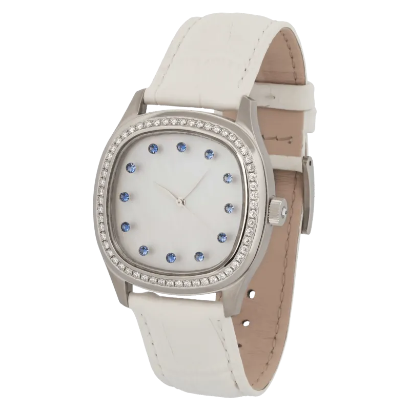 Determination Medium Quartz Watch – Steel Case with Diamond Bezel, Mother-of-Pearl Dial & White Leather Strap