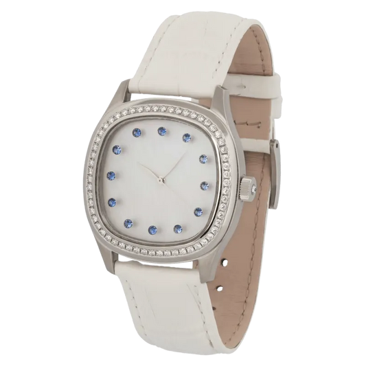 Determination Medium Quartz Watch – Steel Case with Diamond Bezel, Mother-of-Pearl Dial & White Leather Strap