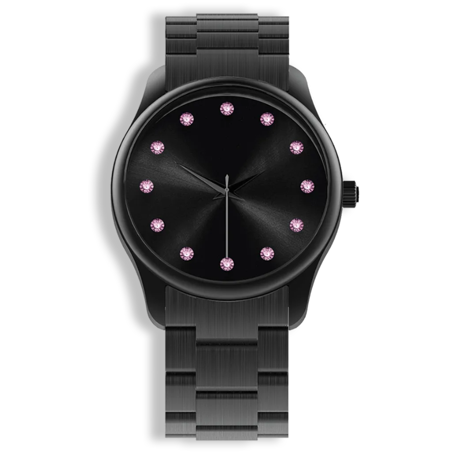 Niveau Élevé Introsistence W-044 Blackened Steel Quartz Ladies Watch with Black Sunray Dial & Pink Diamond Markers