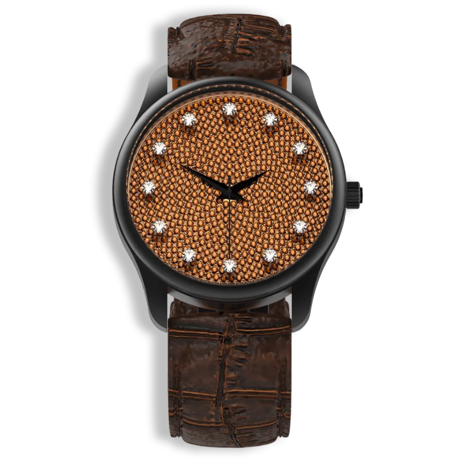 Niveau Élevé Introsistence W-046 Blackened Steel Quartz Ladies Watch with Diamond Dial & Brown Leather Strap