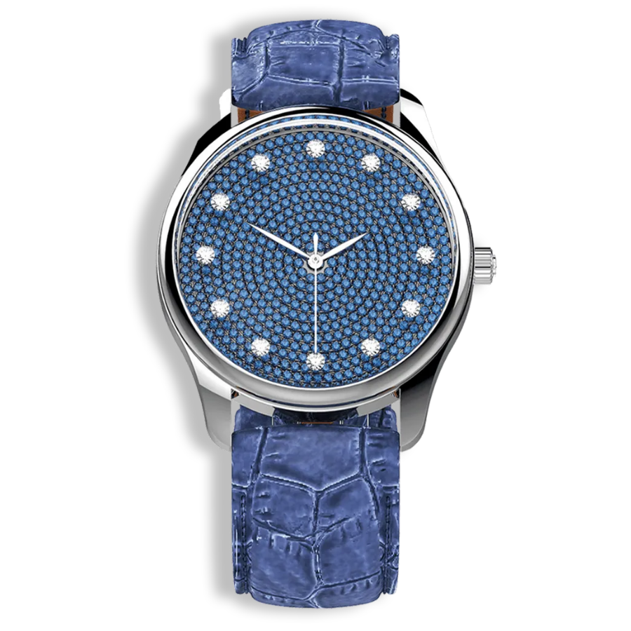 Niveau Élevé Introsistence W-047 Stainless Steel Quartz Ladies Watch with Blue Sapphire Diamond Dial & Blue Leather Strap