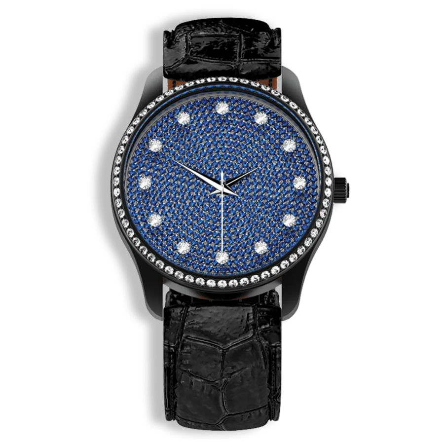 Niveau Élevé Introsistence W-048 Blackened Steel Quartz Ladies Watch with Blue Sapphire Diamond Dial & Brilliant Bezel