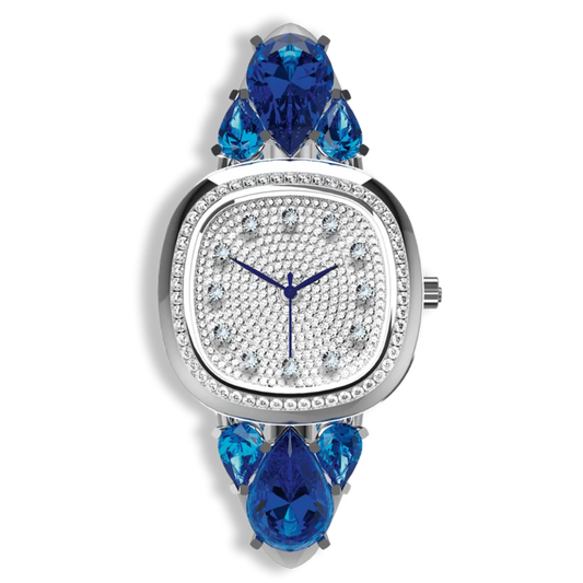 Ladies 18K White Gold Diamond & Blue Sapphire Luxury Watch | Swiss Quartz